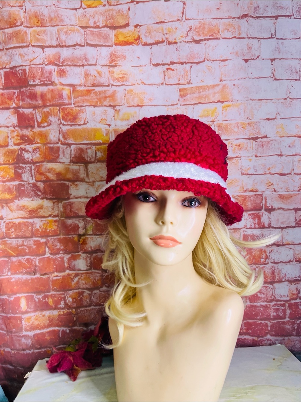 Holiday Time Red and White Fuzzy Ponytail Bucket Hat Hat